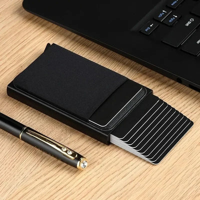 Men's Slim Mini RFID Wallet Aluminum Automatic Pop Up Card Case with Elastic Back Pouch, ID Credit Bank Card Holder Purse - Smarsty