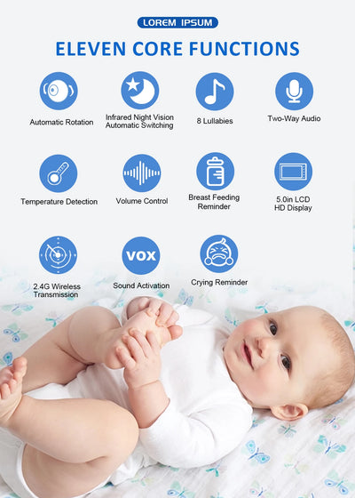 5 Inch Video Baby Monitor With Camera PTZ Zoom Babyphone Cam Security Protection Surveillance Cameras Temperature Sensor Lullaby by Smarsty
