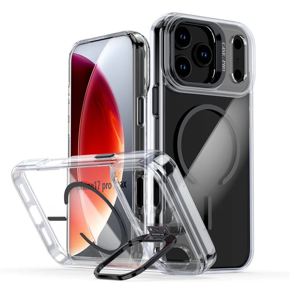 Original For Magsafe Invisible Lens Stand Holder Phone Case For iPhone 17 Pro Max Air 14 15 16 Plus 13 12 11 Clear Acrylic Cover
