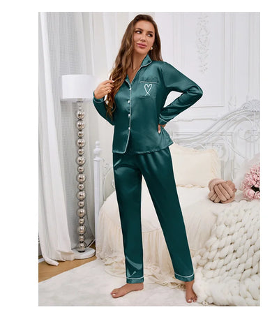 Autumn Satin Pajama for Women Heart-shaped Embroidery Sleepwear & Loungewear Long Sleeve Top & Pants Home Clothes Pyjama 2 Piece - Smarsty