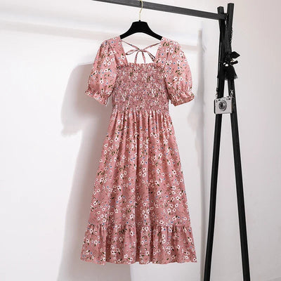 Spring Summer Chiffon Dresses Fashion Female Elastic Waist Short Sleeve Pleated Casual Dress Women A-line Dresses Vestidos - Smarsty