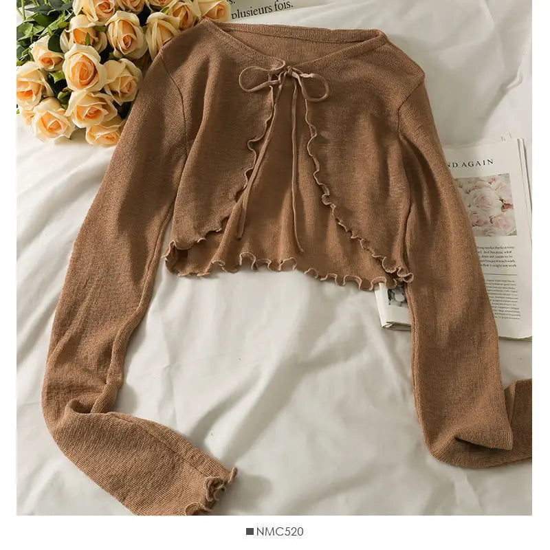 Women Frenum Cardigan Blouses and Tops Bow Lace Up Long Sleeve Crop Top Female Elegant Shirt Thin Aesthetic Clothes Korean Style - Smarsty