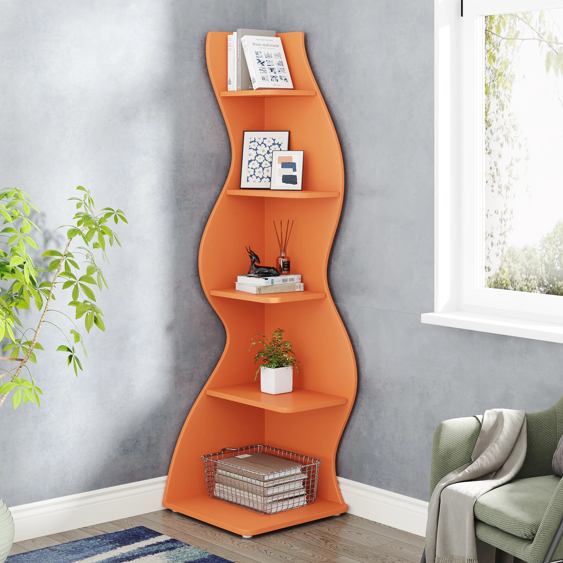 Tribesigns Corner Shelf, Modern 5-Tier Wall Corner Bookshelf, Stylish Corner Small Bookcase Storage Rack Plant Stand