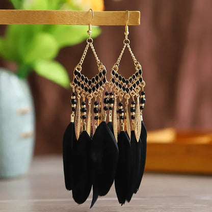 Bohemian Feather Dangle Earrings with Colorful Tassels - Smarsty