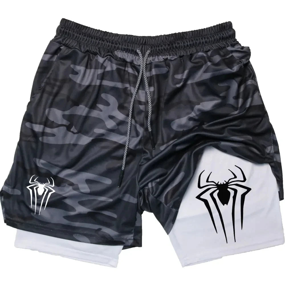 Y2K Performance Shorts Men Spider Printed GYM Casual Sports Compression Shorts Workout Running Mesh 2 In 1 Sport Short Pants - Smarsty