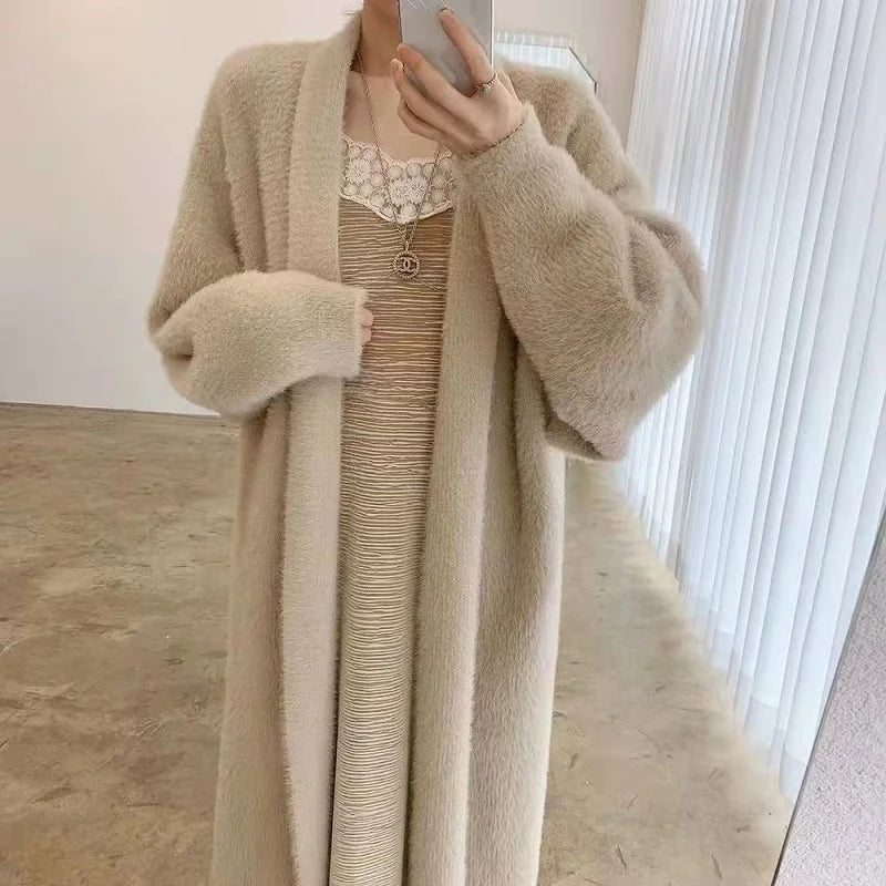 white Long Cardigan for women 2025 new winter clothes Knitted fluffy long sleeve Cashmere sweater coat korean style warm vintage - Smarsty
