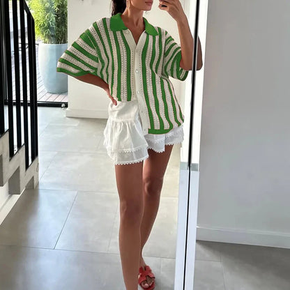 Striped Lapel Cardigan Women's Spring Summer 2025 New Button Knitted Contrast Short-sleeved Cardigan Street Women's Clothing - Smarsty