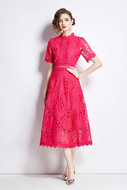 H Han Queen Spring New Elegant Casual Work Party Dresses Floral Crochet Hollow Out Lace Patchwork Casual Office Midi Dress - Smarsty
