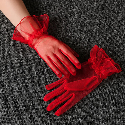Women Lace Tulle Gloves Stretchy Full Finger Wedding Gloves - Smarsty