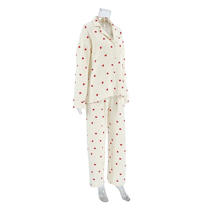 Summer New Love Heart Print Pyjama 100% Cotton Long Sleeve Set 2Pcs Outfit Lapel Sleepwear Button Down Women's Pajamas Nightwear - Smarsty