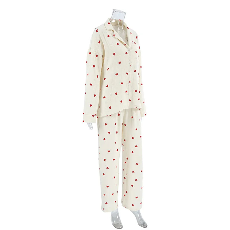 Summer New Love Heart Print Pyjama 100% Cotton Long Sleeve Set 2Pcs Outfit Lapel Sleepwear Button Down Women's Pajamas Nightwear - Smarsty