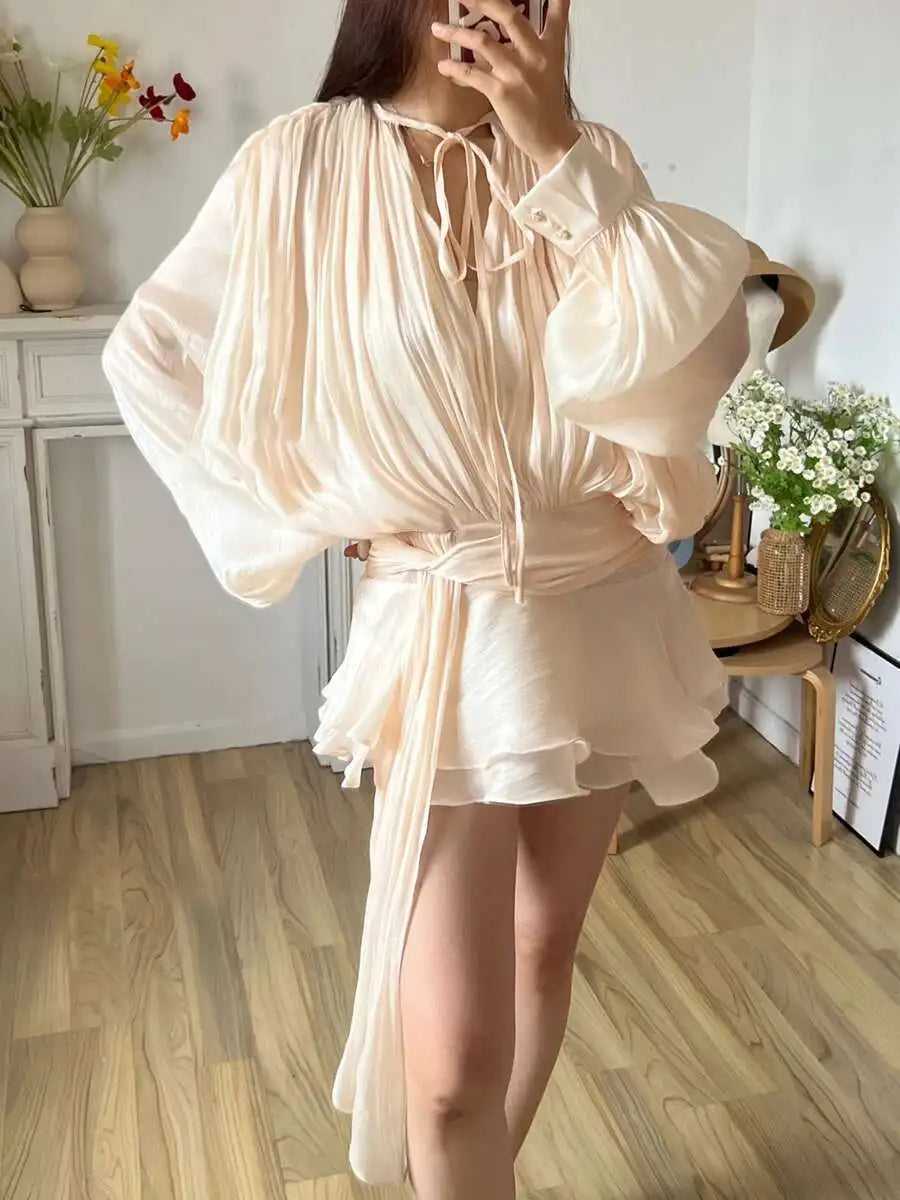 TWOTWINSTYLE Solid Blouse Mini Dresses For Women V Neck Long Sleeve Spliced Lace Up Sweet Style Dress Female Clothing Fashion - Smarsty