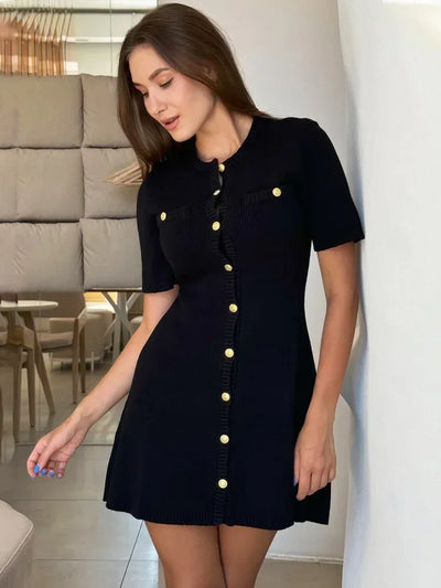 Trendix Elegant Knit Mini Dress Women Street Slim High Waist Short Sleeve Rib Sweater Dresses Vacation Bodycon Knitwear Dress - Smarsty