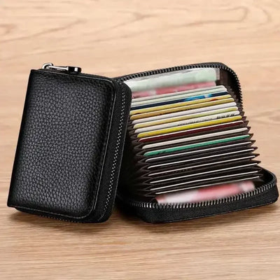 Multi Slot Card Holder Vintage Small Wallet Women Men Business Bank Credit Card Bag Male Coin Pouch Solid Leather Zipper Wallet - Smarsty