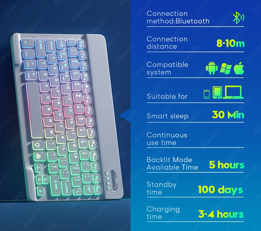 Wireless Tablet Keyboard with Rainbow Backlit for iPad