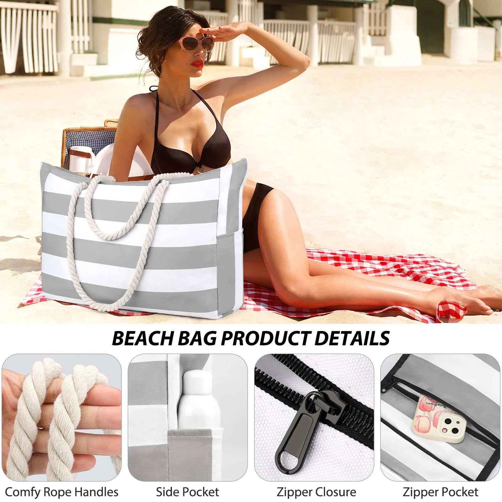 Waterproof Beach Bag Foldable Striped Zipper Outdoor Tote - Smarsty