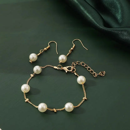 Gold Tone Necklace Earrings Bracelet Set With Tassel Pearls - Smarsty