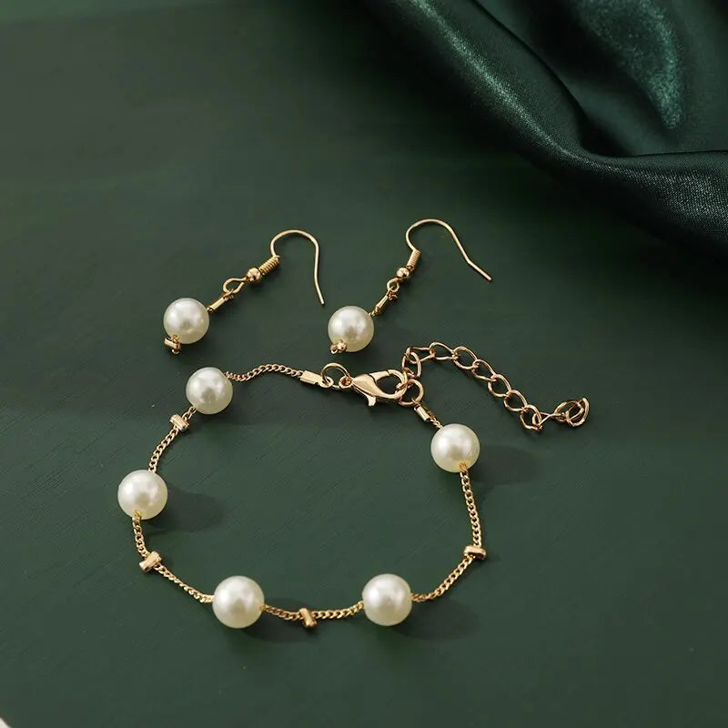 Gold Tone Necklace Earrings Bracelet Set With Tassel Pearls - Smarsty