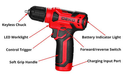 DEKO Drill Set Tool Set with 8V Red Cordless Drill, Home Tool Kit with Drill, Hand Tool Kits for Women 126 Piece