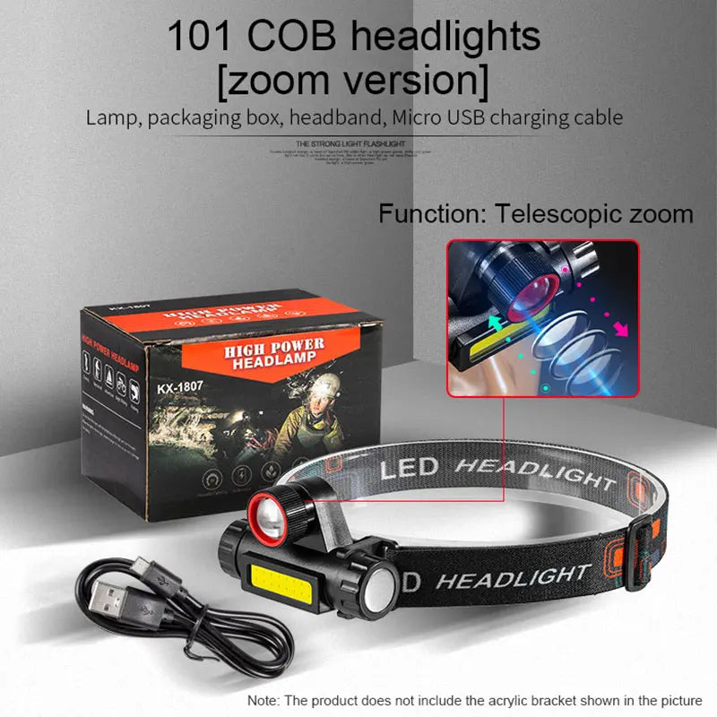 COB LED Headlamp Torch Rechargeable Headwear Flashlight Outdoor Waterproof Camping Fishing Mining Lantern Headlight With Magnet by Smarsty