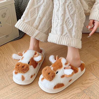 Casual Fluffy Slippers Women House Cute Cartoon Cow Designer Shoes Girl Flat Fashion Elegant Plush Winter Platform Footwear Home - Smarsty