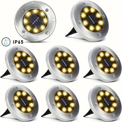 8 piece solar outdoor lights, IP65 solar disk lights, 8 LED solar ground lights, outdoor landscape lights for path, courtyard