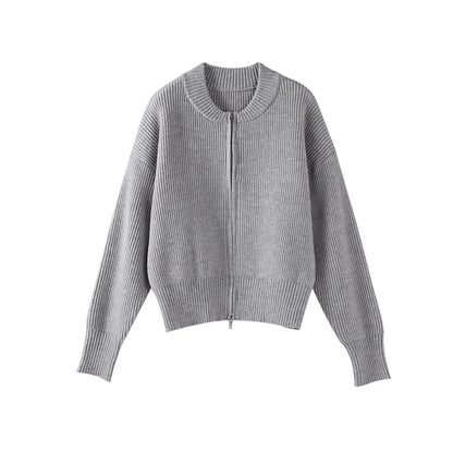 Vintage Knit Women Cardigan Casual Full Sleeve Zipper O Neck Pleated Solid Lady Sweater 2025 Autumn Fashion Female Knitwear - Smarsty
