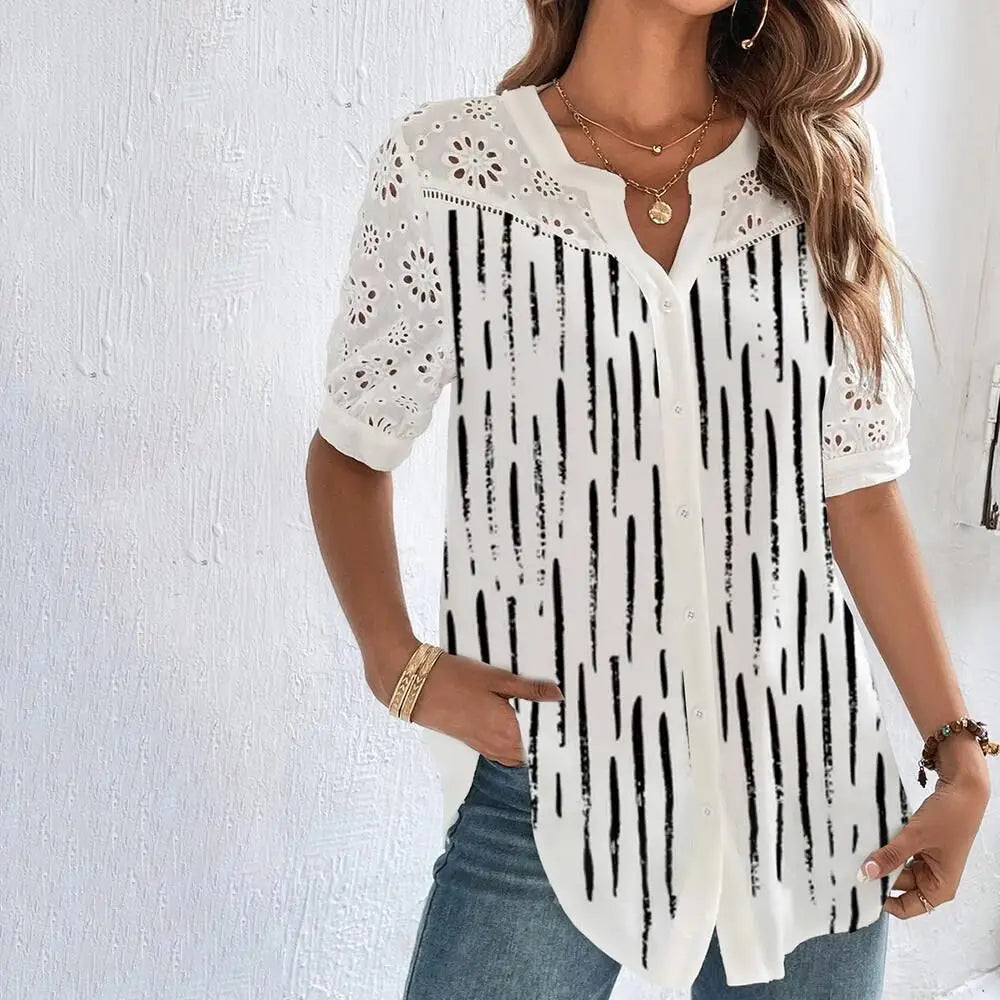 Temperament Casual Lace Woman Shirt Fashion Loose Shirt Woman Elegant Short Sleeve Blouse Holiday Weekend - Smarsty