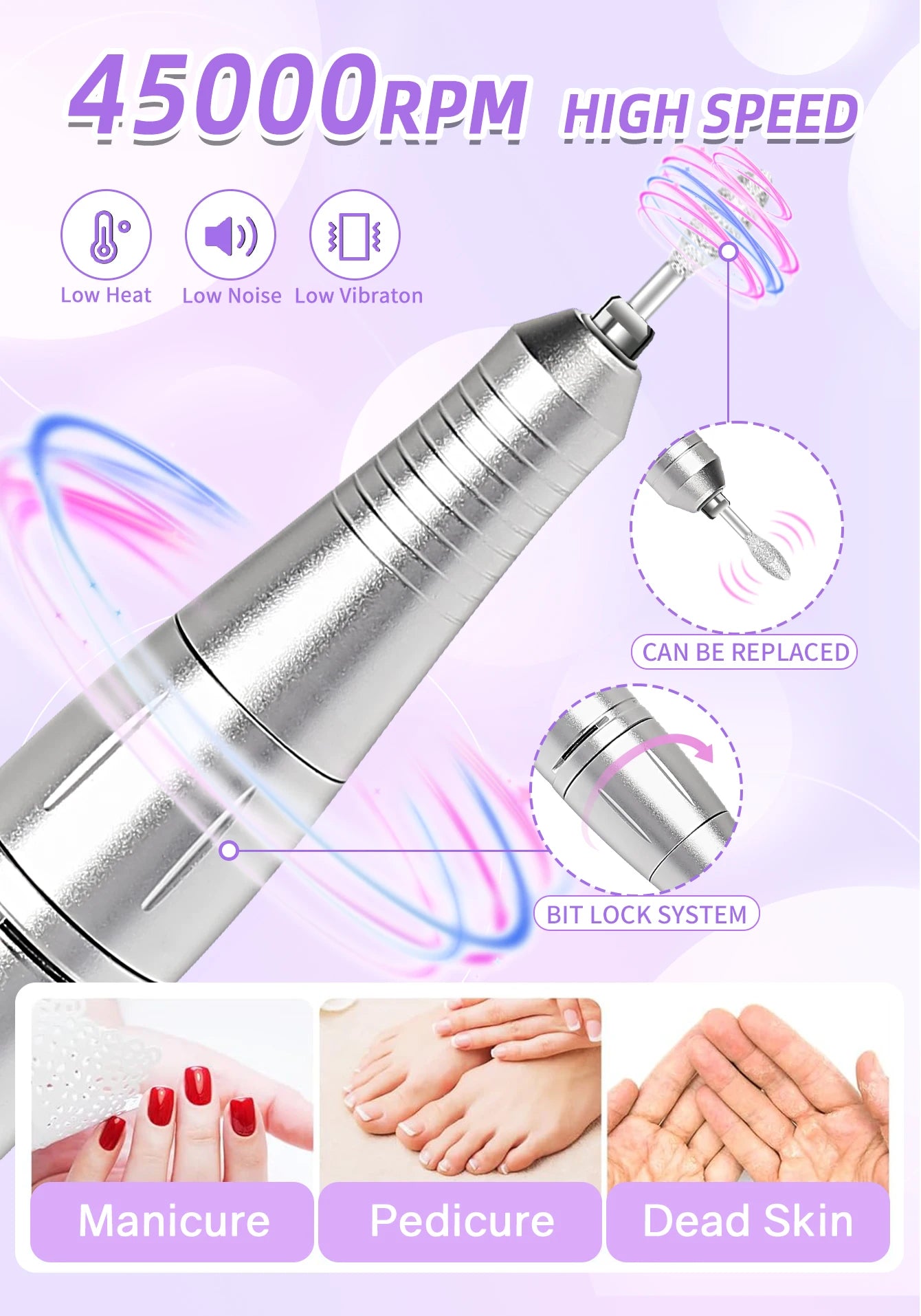 45000RPM Portable Nail Drill Machine for Low Noise Manicure - Smarsty