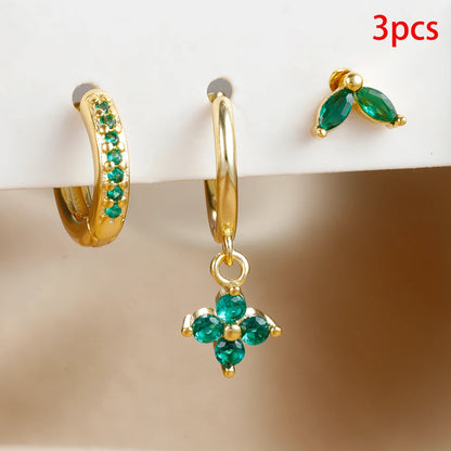 Green Zircon Flower Dangle Earrings Set for Women Fashion Jewelry - Smarsty