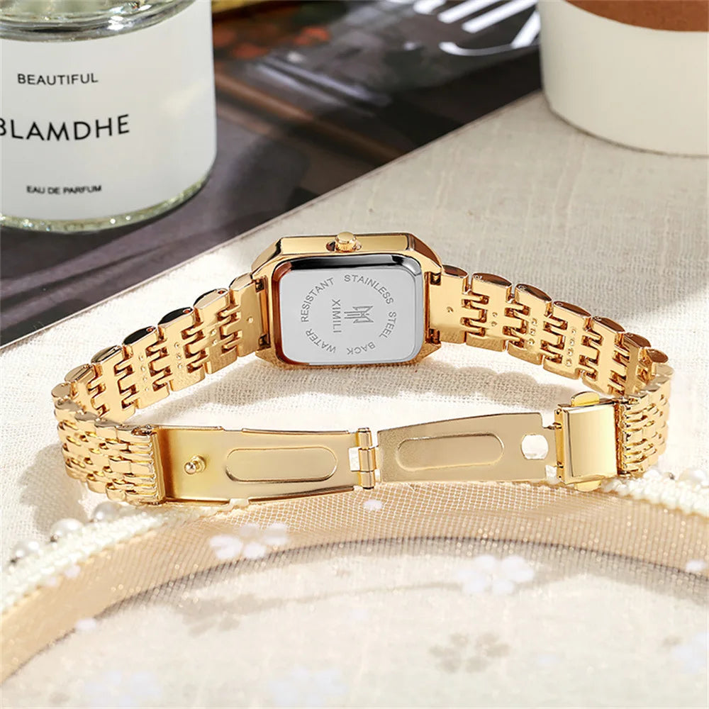 Women's Luxury Square Quartz Watch with Gold Alloy Strap - Smarsty