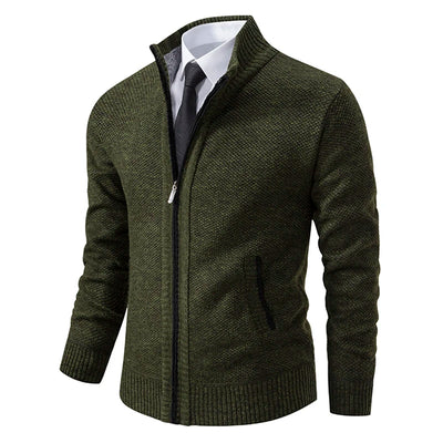 Autumn And Winter New Jersey Men's Casual Sports Coat Solid Color Stand Collar Wweater Grab Fleece Warm Zipper Cardigan - Smarsty