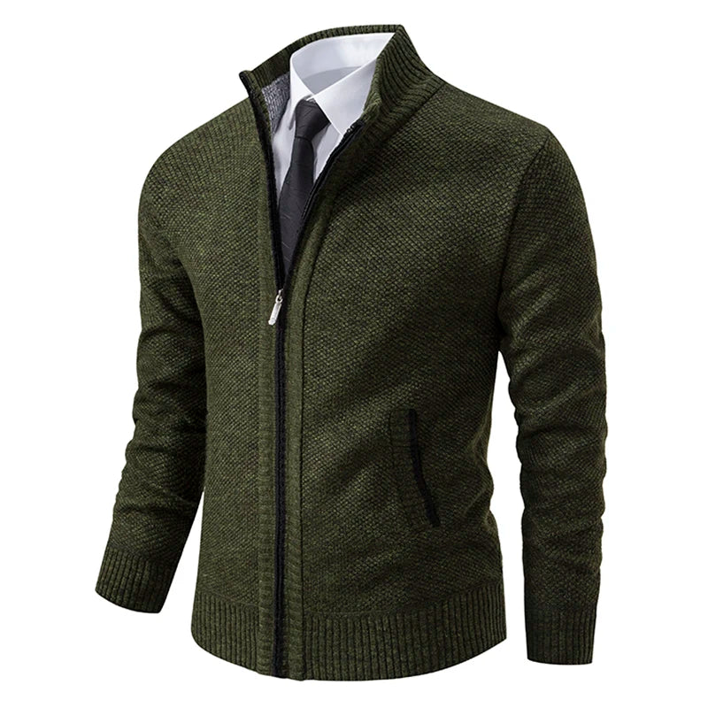 Autumn And Winter New Jersey Men's Casual Sports Coat Solid Color Stand Collar Wweater Grab Fleece Warm Zipper Cardigan - Smarsty