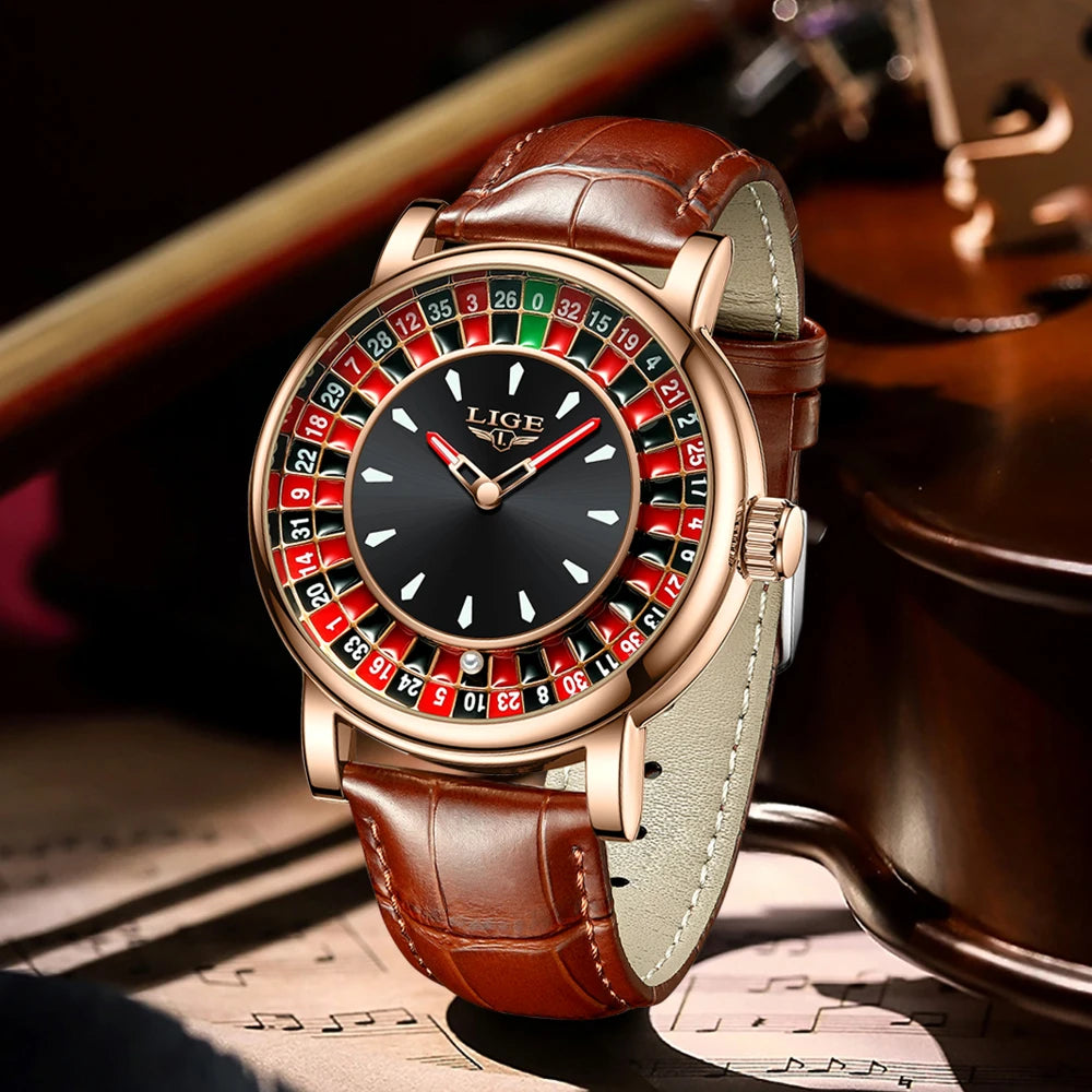 LIGE Waterproof Brown Leather Men's Roulette Watch - Smarsty