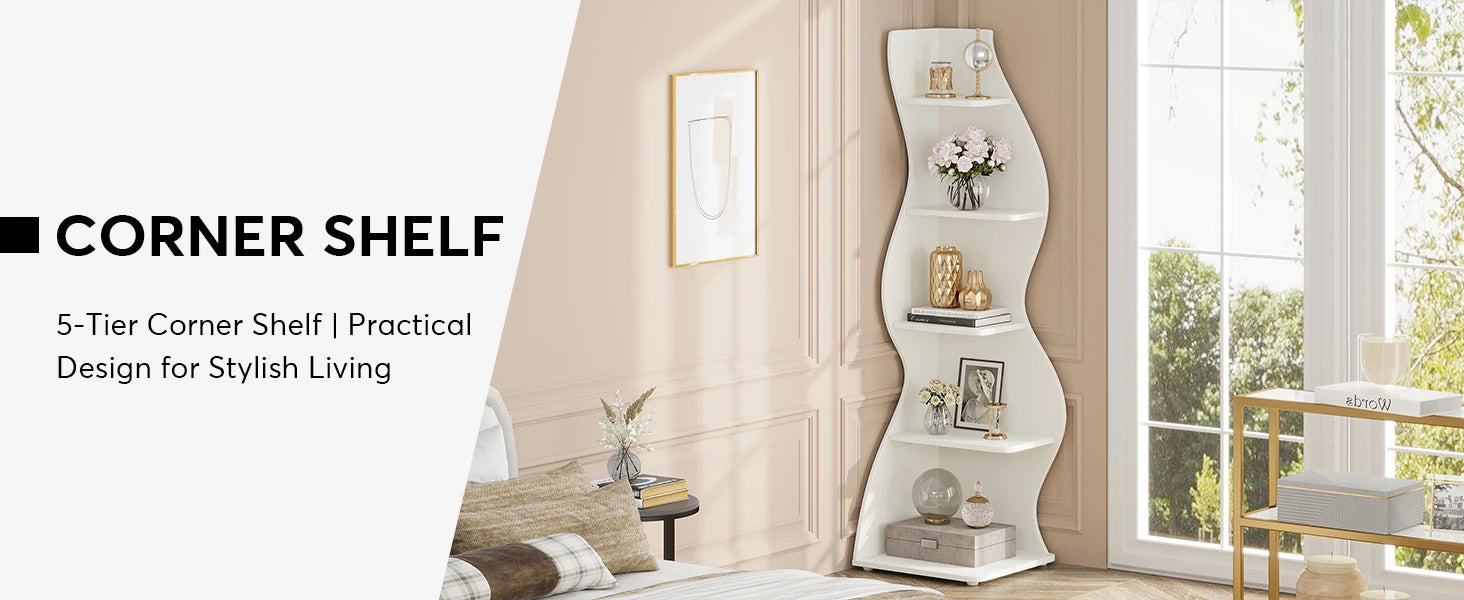 Tribesigns Corner Shelf, Modern 5-Tier Wall Corner Bookshelf, Stylish Corner Small Bookcase Storage Rack Plant Stand
