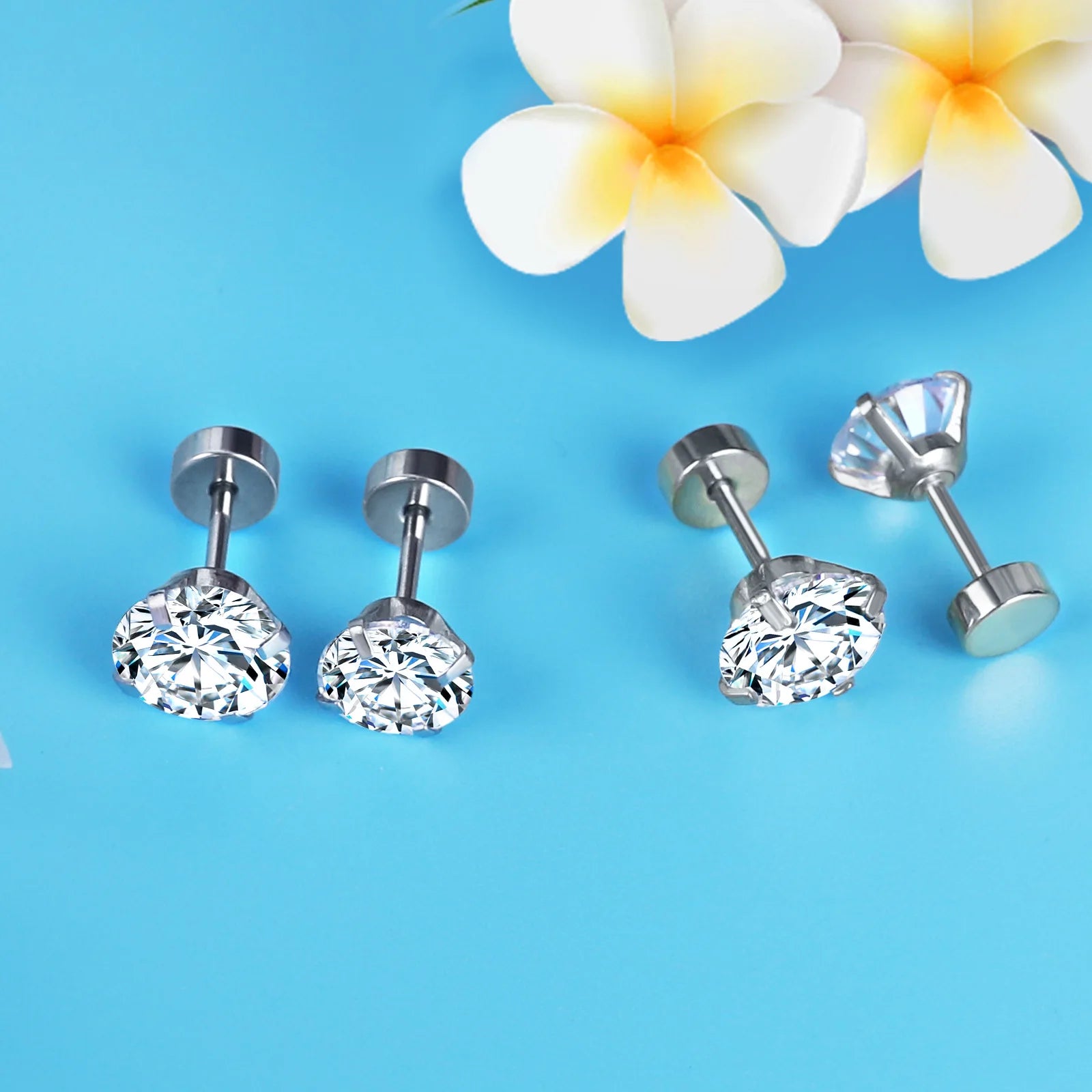 Stainless Steel CZ Stud Earrings Hypoallergenic Screw - Smarsty
