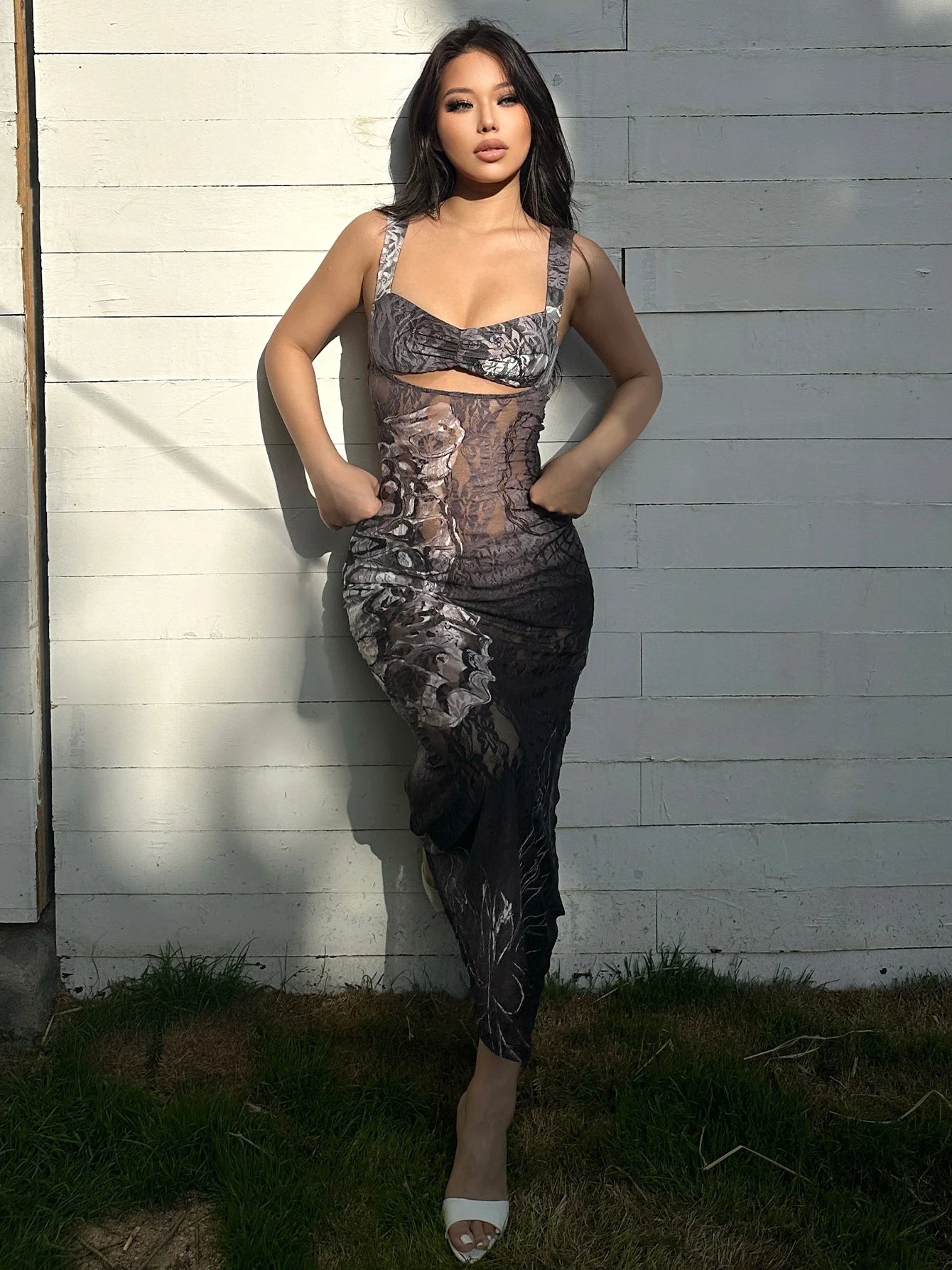 Dulzura Lace Print Cut Out Maxi Dress Bodycon Sexy Party Club Y2K Outfits Streetwear Bandage Dress Vestido Classic Prom