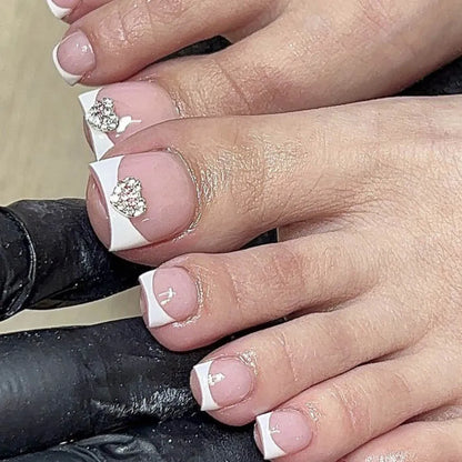 French False Toenails with Heart Rhinestone Design - Smarsty