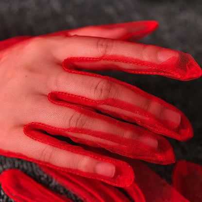 Women Lace Tulle Gloves Stretchy Full Finger Wedding Gloves - Smarsty
