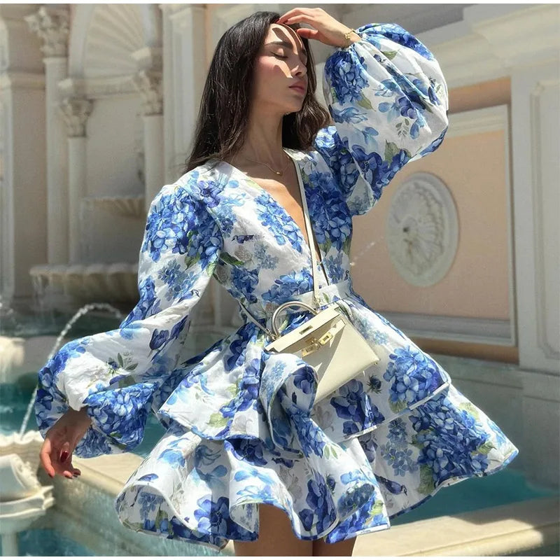 Backless Party Dress Women Elegant 3D Flower Print Sling Lace Up Ruffle A-line Mini Evening Dresses Female 2025 Summer Swimwears - Smarsty