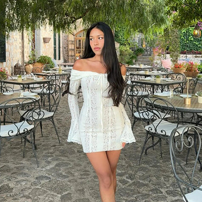 Suninheart White Off The Shoulder Autumn Bodycon Dress 2025 Long Sleeve Elegant Lace Maxi Dress Wedding Guest Dress for Women - Smarsty