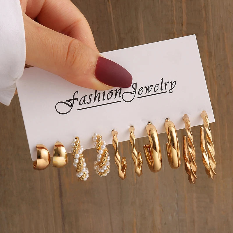 Gold Color Vintage Geometric Pearl Earrings Set For Women - Smarsty