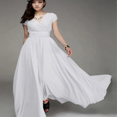 Women's Short-Sleeved Chiffon Evening Dress, Female Party Dress, Monochromatic, Bohemian, Long, Elegant, New, 2022 - Smarsty