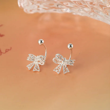 925 Sterling Silver Lace Heart Bow Stud Earrings Minimalist - Smarsty