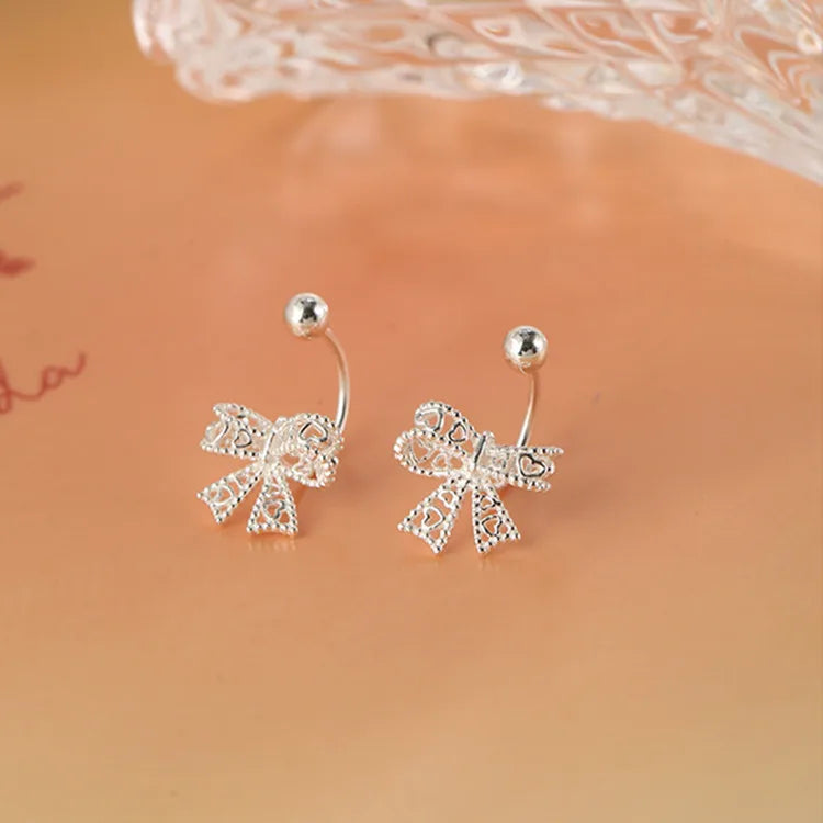 925 Sterling Silver Lace Heart Bow Stud Earrings Minimalist - Smarsty