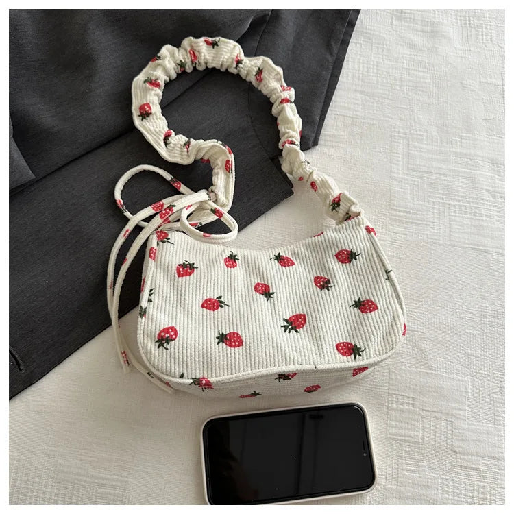 Corduroy Underarm Bag For Women Strawberry Print Mini Tote - Smarsty