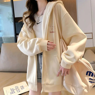 Women Embroidery Print Sporty Chic Hoodies Casual Zip Up Long Sleeve Loose Jacket Coats Harajuku Hooded Sweatshirts Streetwear - Smarsty