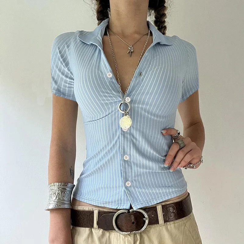 Sweetown Blue Stripe Short Sleeve Shirts For Women Button Up Turn Down Collar Slim Simple Casual Preppy Tops Basic Summer Tees - Smarsty
