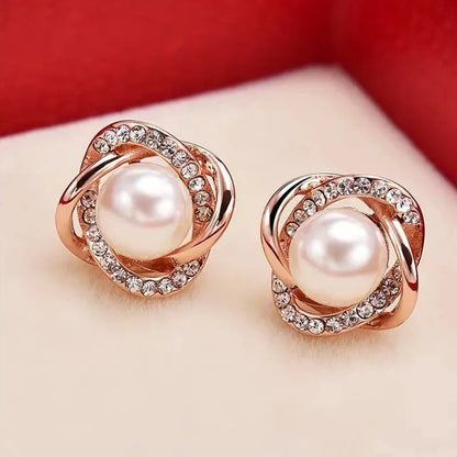 14K Gold Luxury Earrings With Zircon Pearl Twist Design - Smarsty
