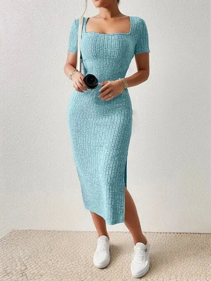 Summer Square Neck, Hip-Hugging Mid-Length Skirt, Short-Sleeved, Versatile Knitted Slit Dress - Smarsty